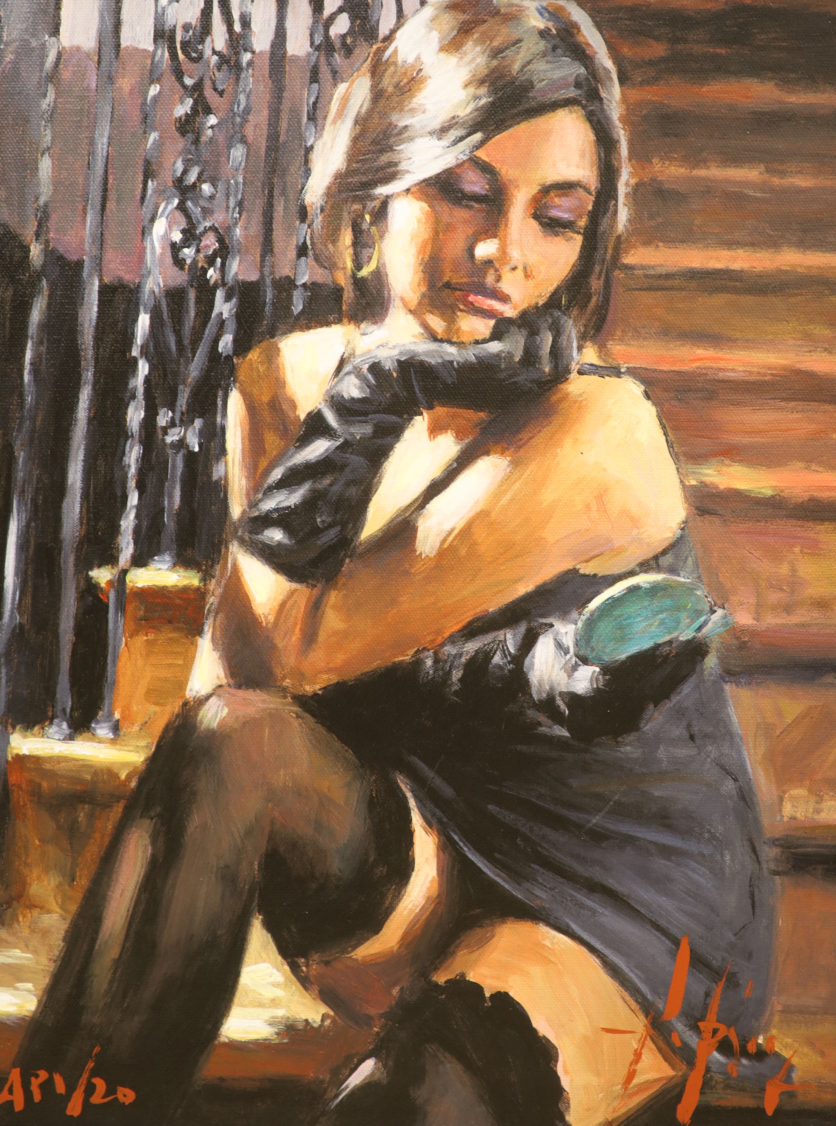 Fabian Perez, two hand embellished giclee canvases, Night Walk IV, 3/195 and Saba on the Stairs, ap 1/20, both with COA